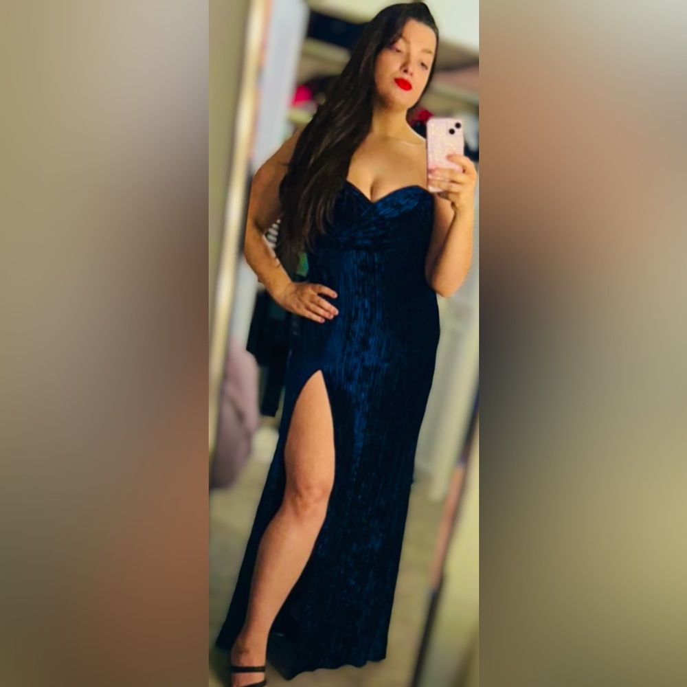 Lulus blue velvet high slit dress